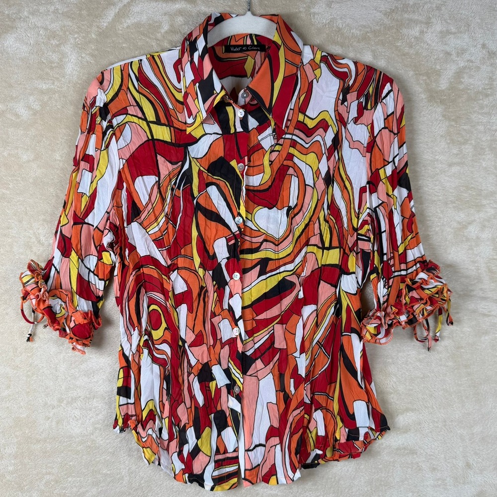 Violet & Claire PM Abstract Psychedelic Print Ruffle Tie Sleeve Blouse Orange